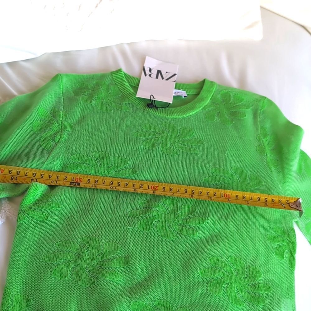 ZARA Mesh Floral Knit Metallic Effect Long Sleeve Neon Green 💚 Top NWT - Picture 10 of 11